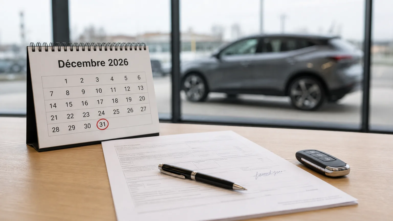 Sur le bureau d'un vendeur de voitures, un bon de commande signé, un stylo et une clé de voiture neuve, à côté d'un calendrier ouvert sur décembre 2026 avec le 31 entouré en rouge, une voiture grise floue derrière la vitrine