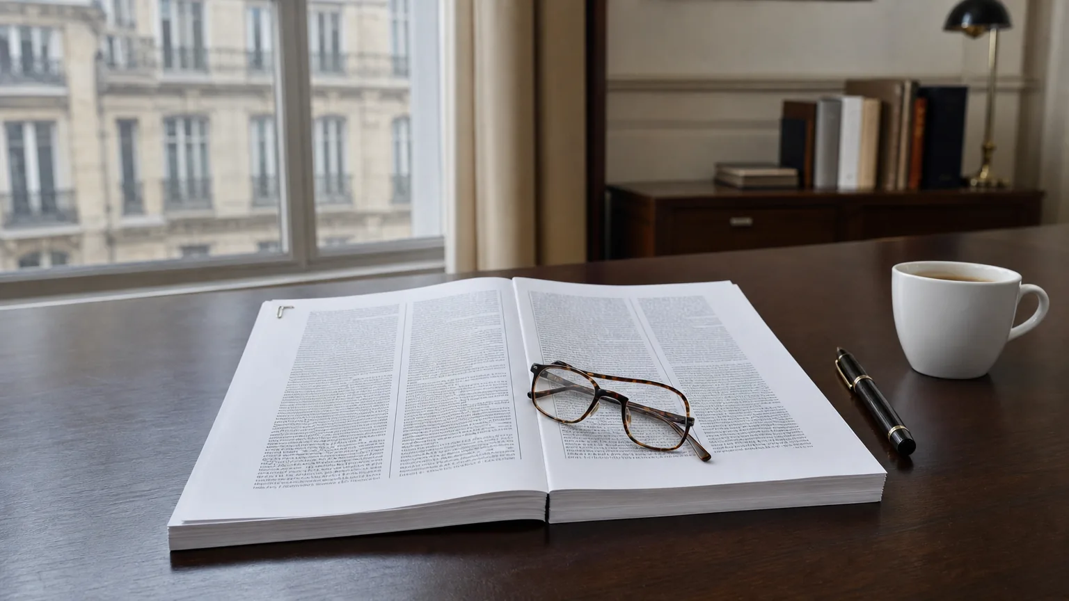 Un épais projet de loi de finances imprimé, ouvert sur un bureau en bois, avec une paire de lunettes posée sur la page, un stylo et une tasse de café