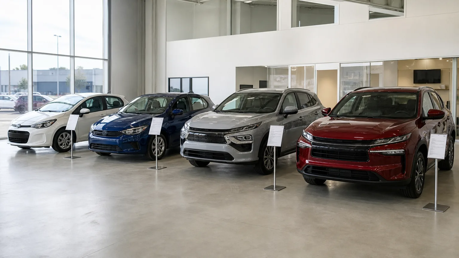 Quatre voitures neuves alignées dans le hall d'exposition d'une concession, une citadine blanche, une compacte bleue, un petit SUV gris et un SUV familial rouge, chacune devant son panneau de prix