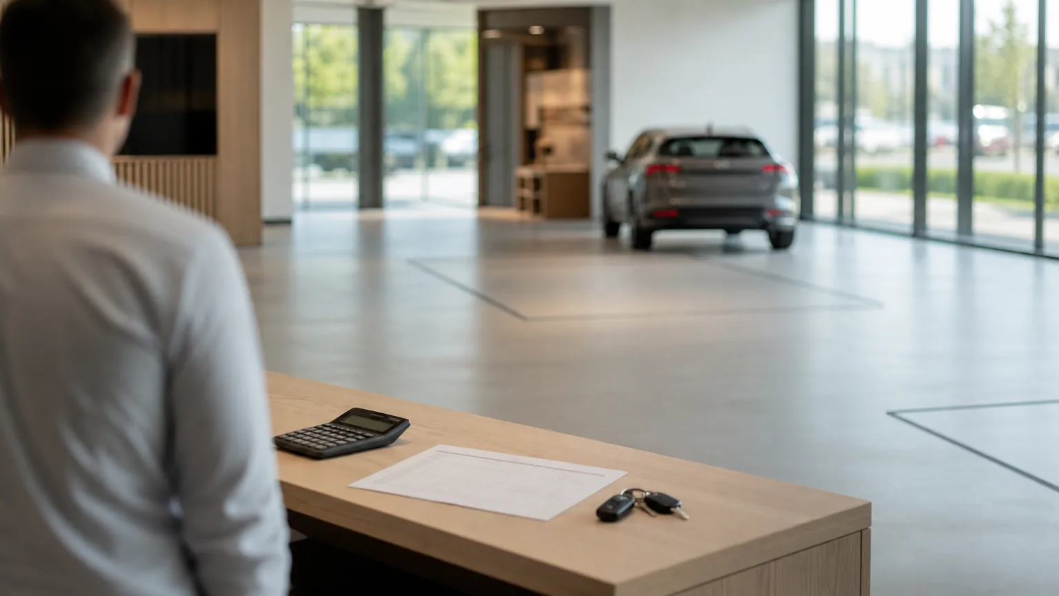 Hall d'exposition d'une concession automobile presque vide, deux emplacements de présentation inoccupés, un bon de commande et une calculatrice posés sur le bureau d'accueil