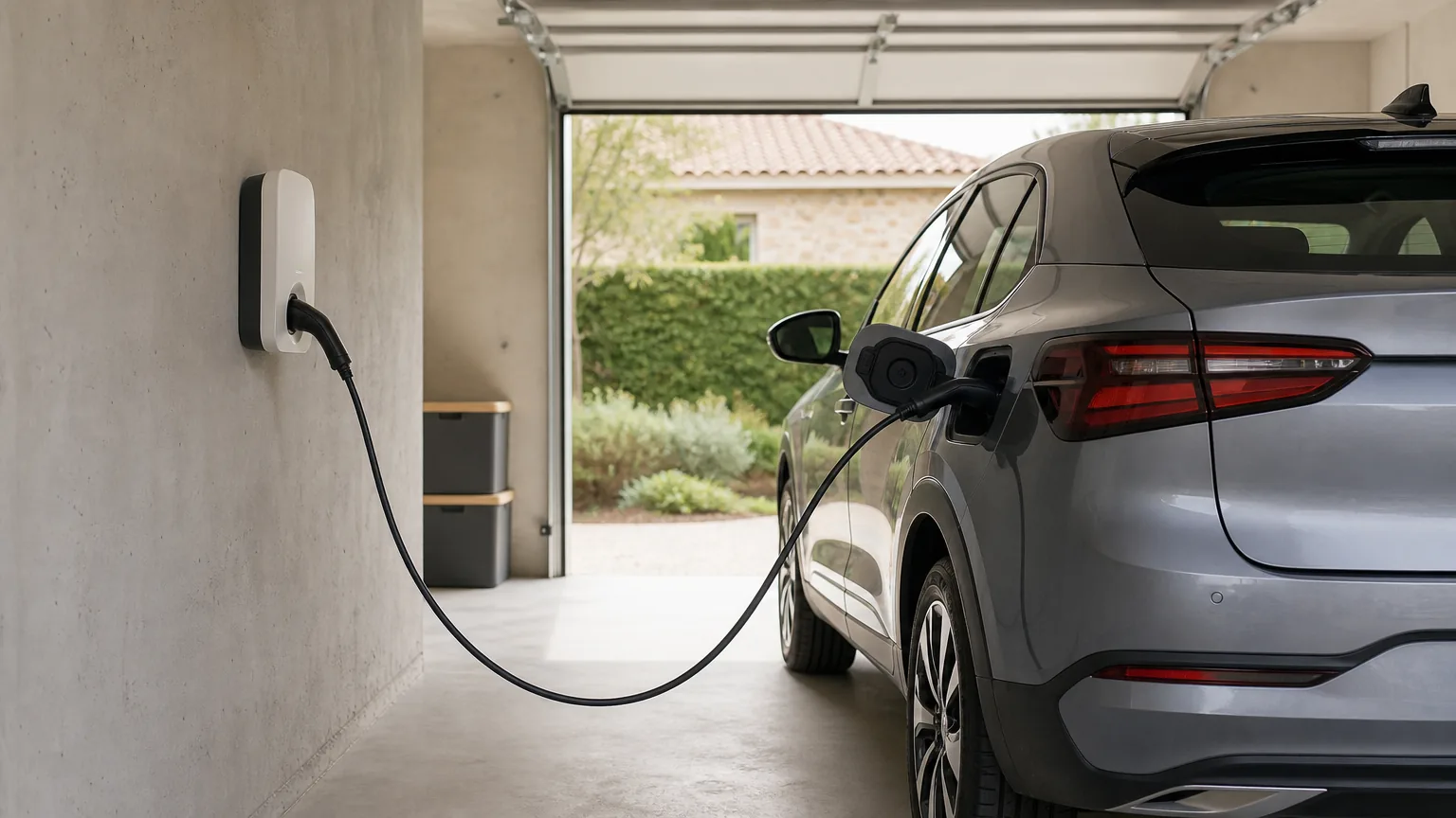 Une voiture hybride rechargeable grise en charge dans le garage d'une maison, le câble branché entre la trappe de recharge et une borne murale blanche