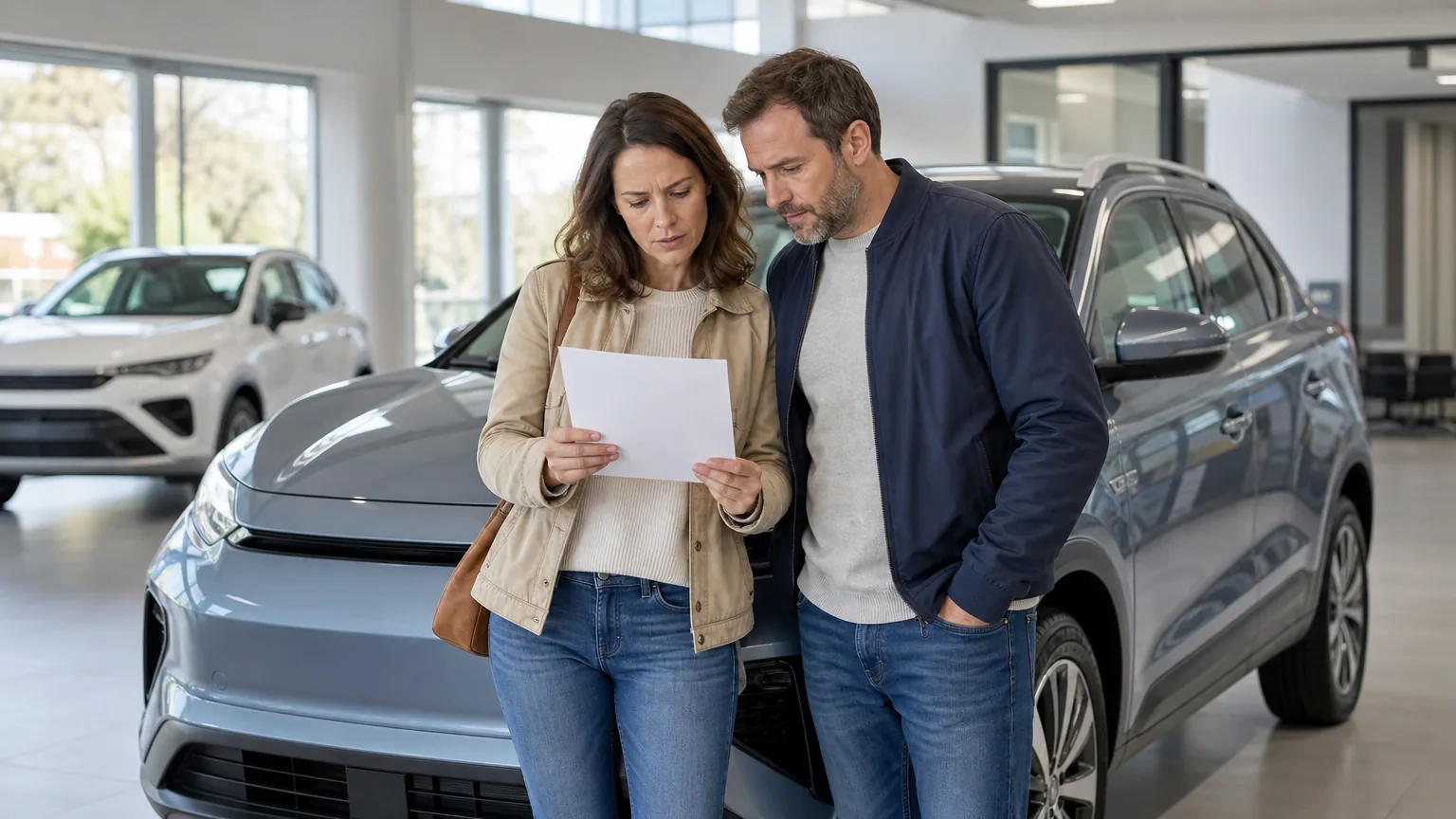 Un couple lit un devis dans une concession automobile, debout devant une voiture neuve exposée