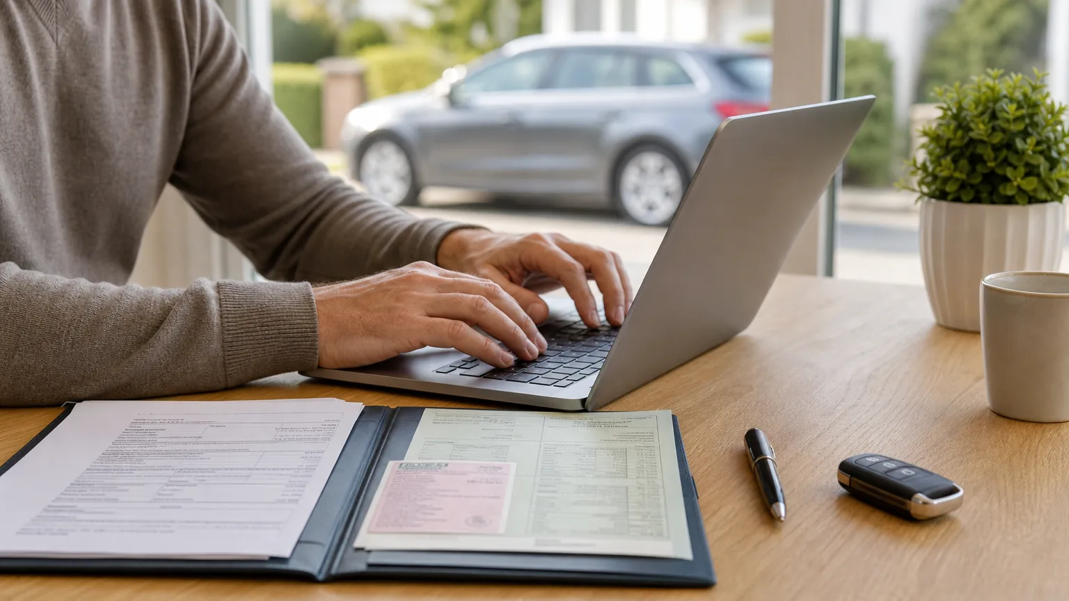Une personne tape sur un ordinateur portable posé sur une table, à côté d'un porte-documents ouvert contenant la facture et les papiers du véhicule, une voiture grise garée derrière la fenêtre