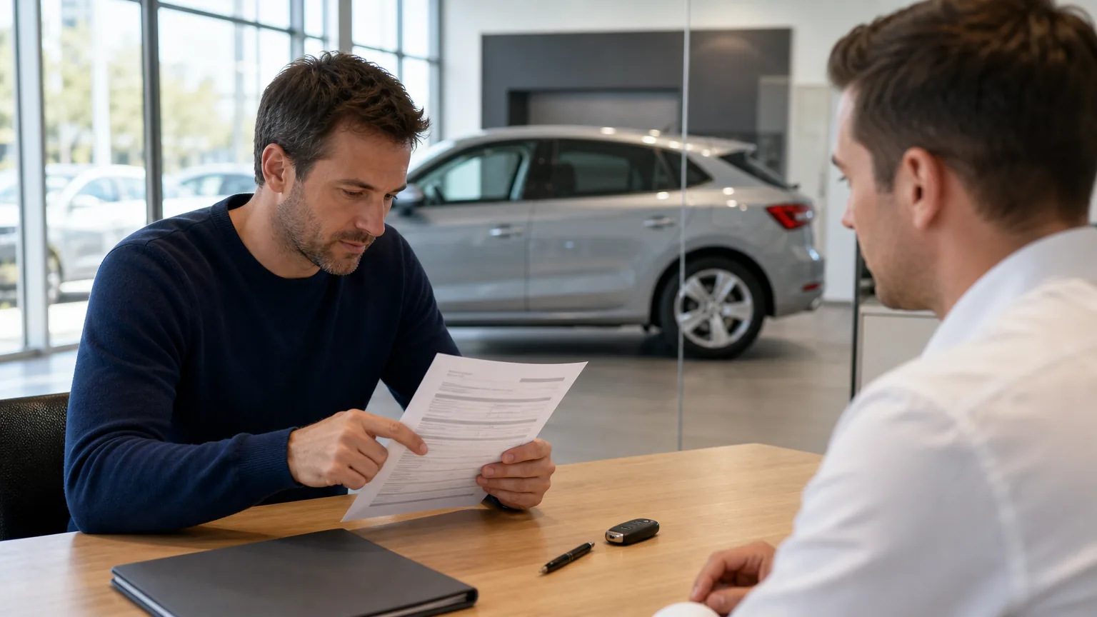 Dans le bureau d'une concession, un acheteur relit la facture de vente de sa voiture d'occasion, le doigt posé sur une ligne, face au vendeur, le véhicule exposé derrière une vitre