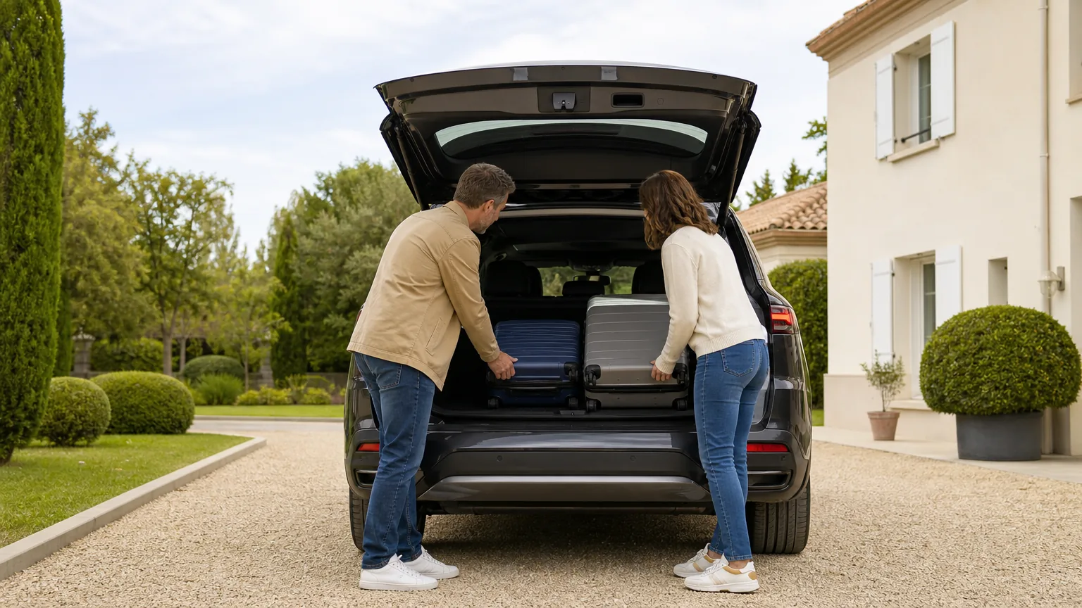 Un couple charge deux valises dans le coffre d'un grand SUV familial devant sa maison